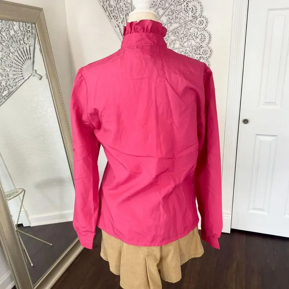 Vintage Pink Cottage Core Prairie High Neck Lace Button Up Blouse M / 10 - Picture 5 of 7